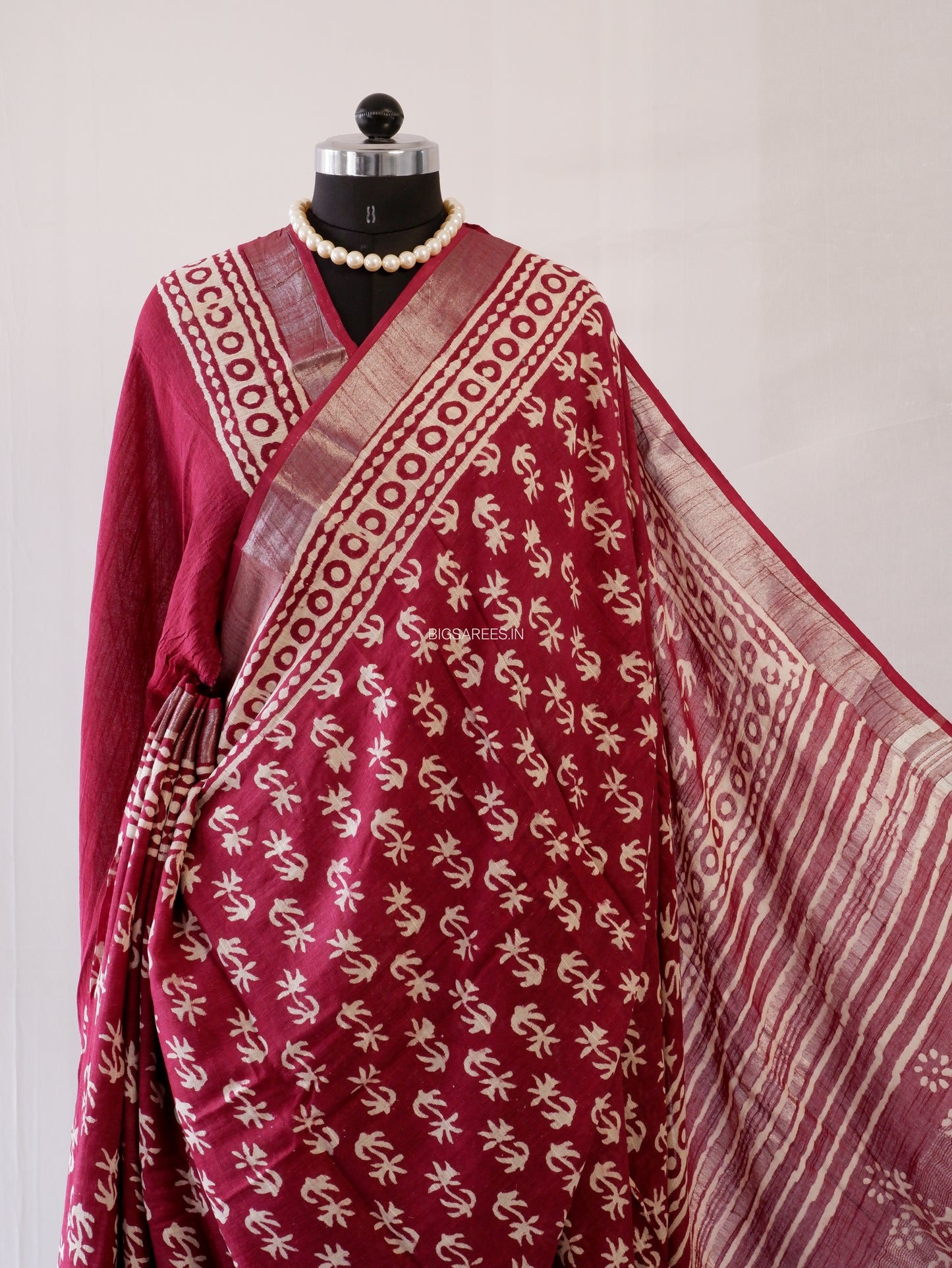Hand Block Print Saree | Cotton Linen | Maroon
