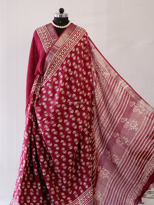 Hand Block Print Saree | Cotton Linen | Maroon