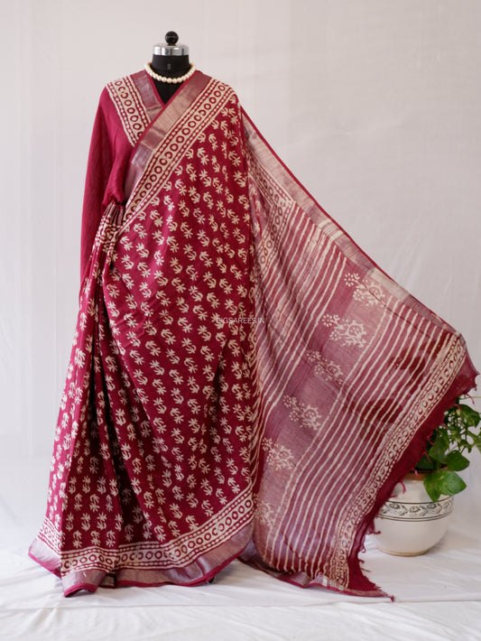 Hand Block Print Saree | Cotton Linen | Maroon