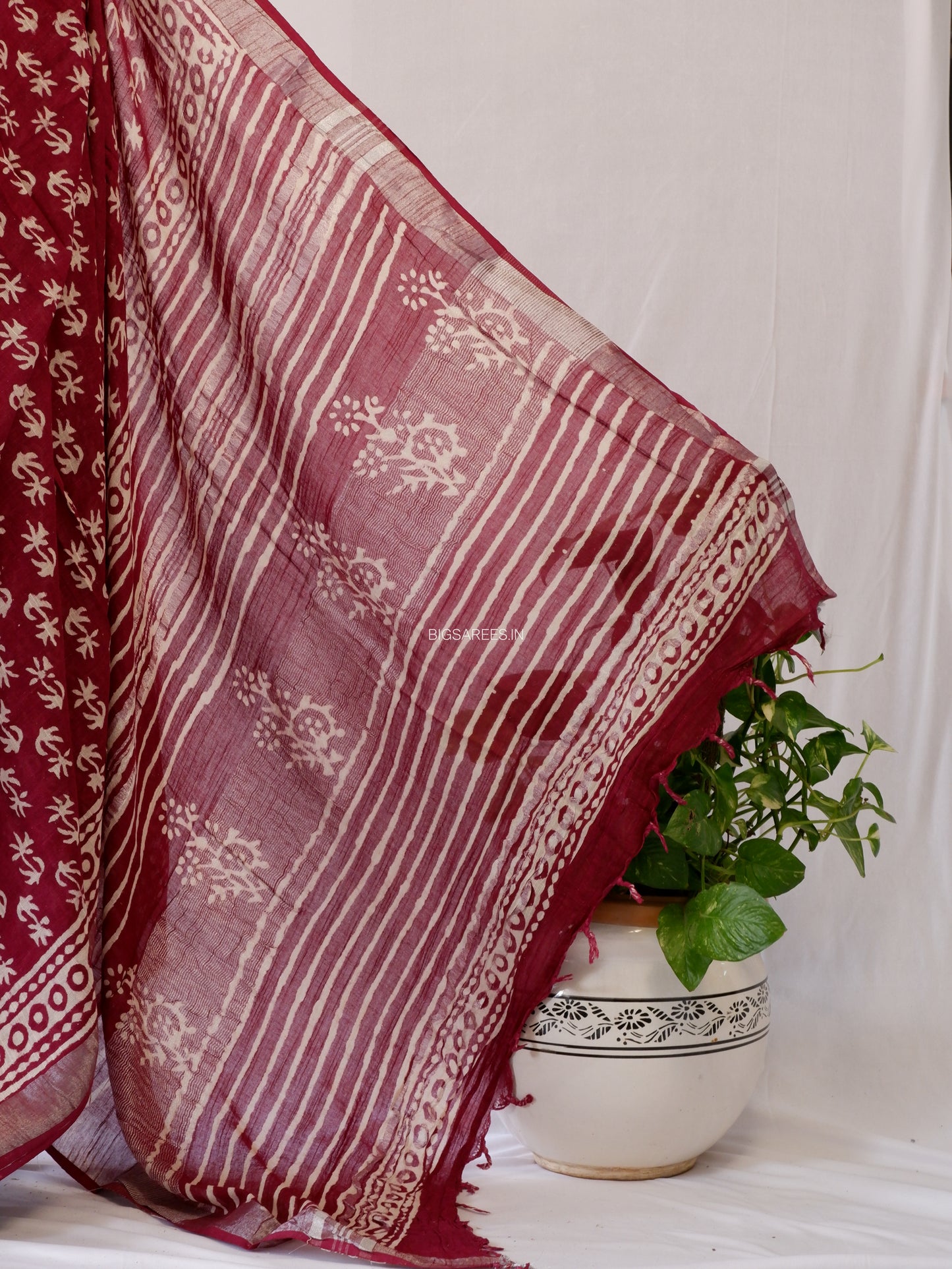 Hand Block Print Saree | Cotton Linen | Maroon