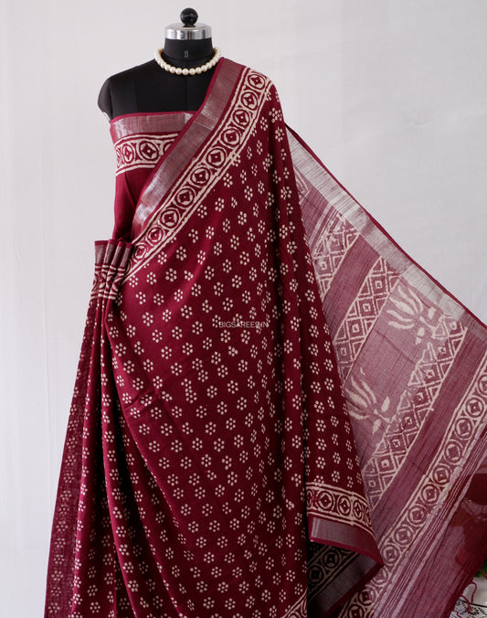Hand Block Print Saree | Cotton Linen | Deep Maroon