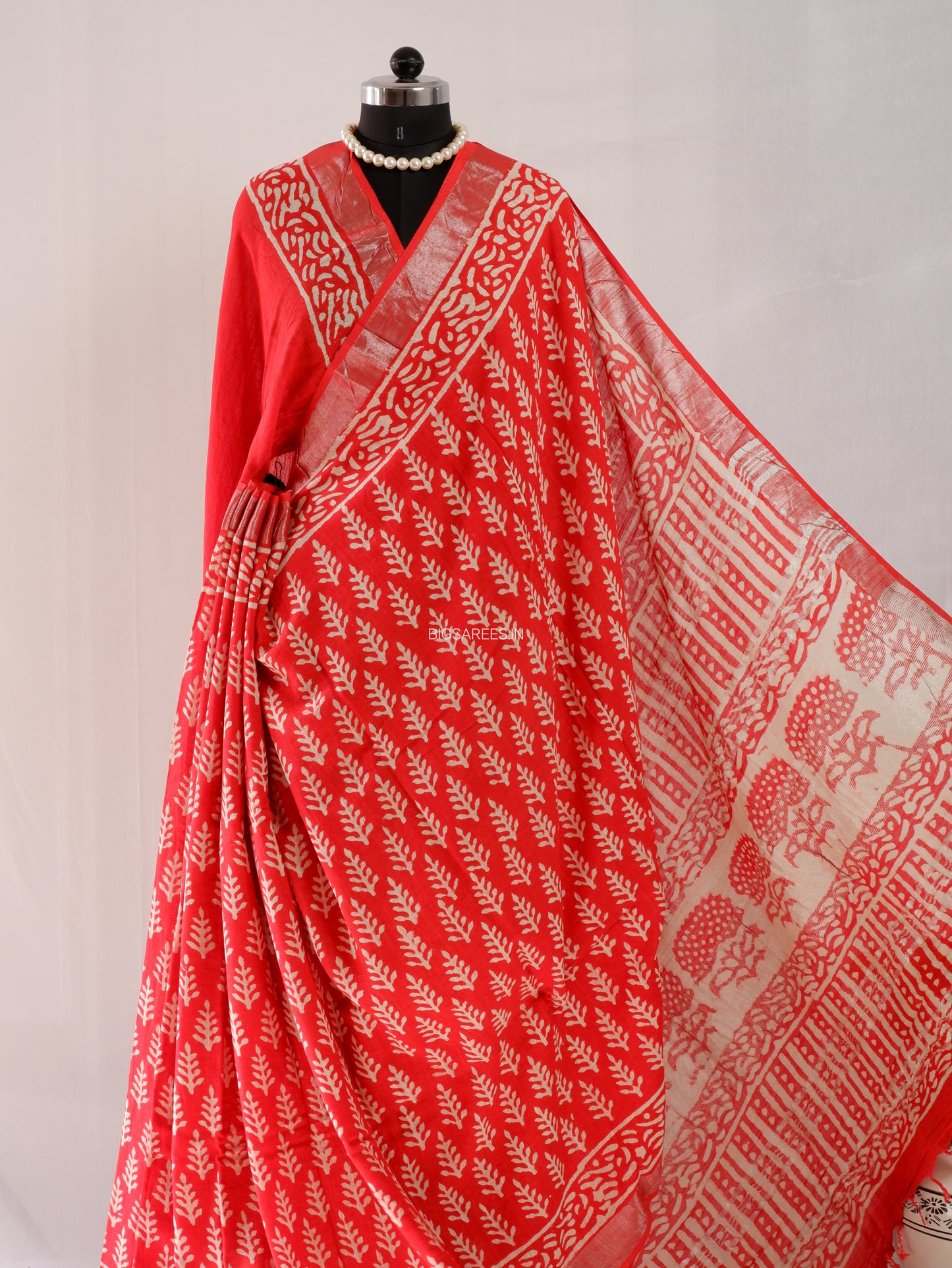 Hand Block Print Saree | Cotton Linen | Red-Orange