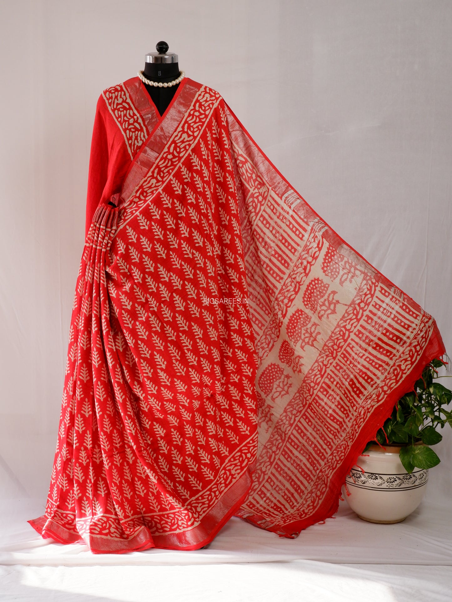 Hand Block Print Saree | Cotton Linen | Red-Orange