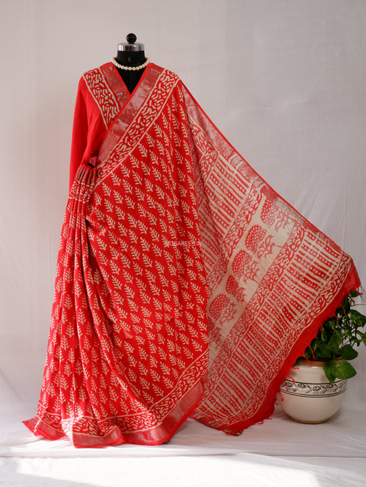 Hand Block Print Saree | Cotton Linen | Red-Orange