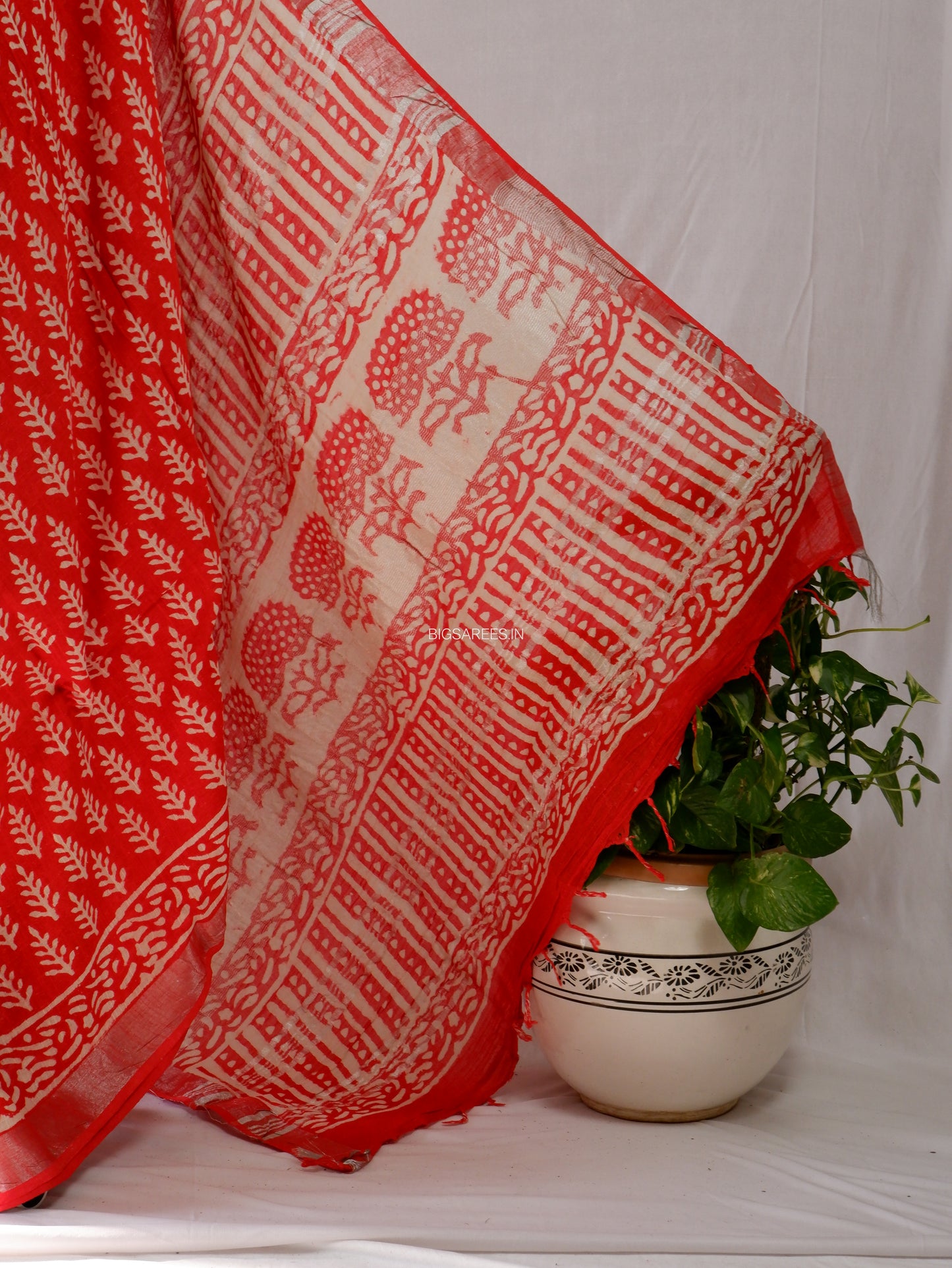 Hand Block Print Saree | Cotton Linen | Red-Orange