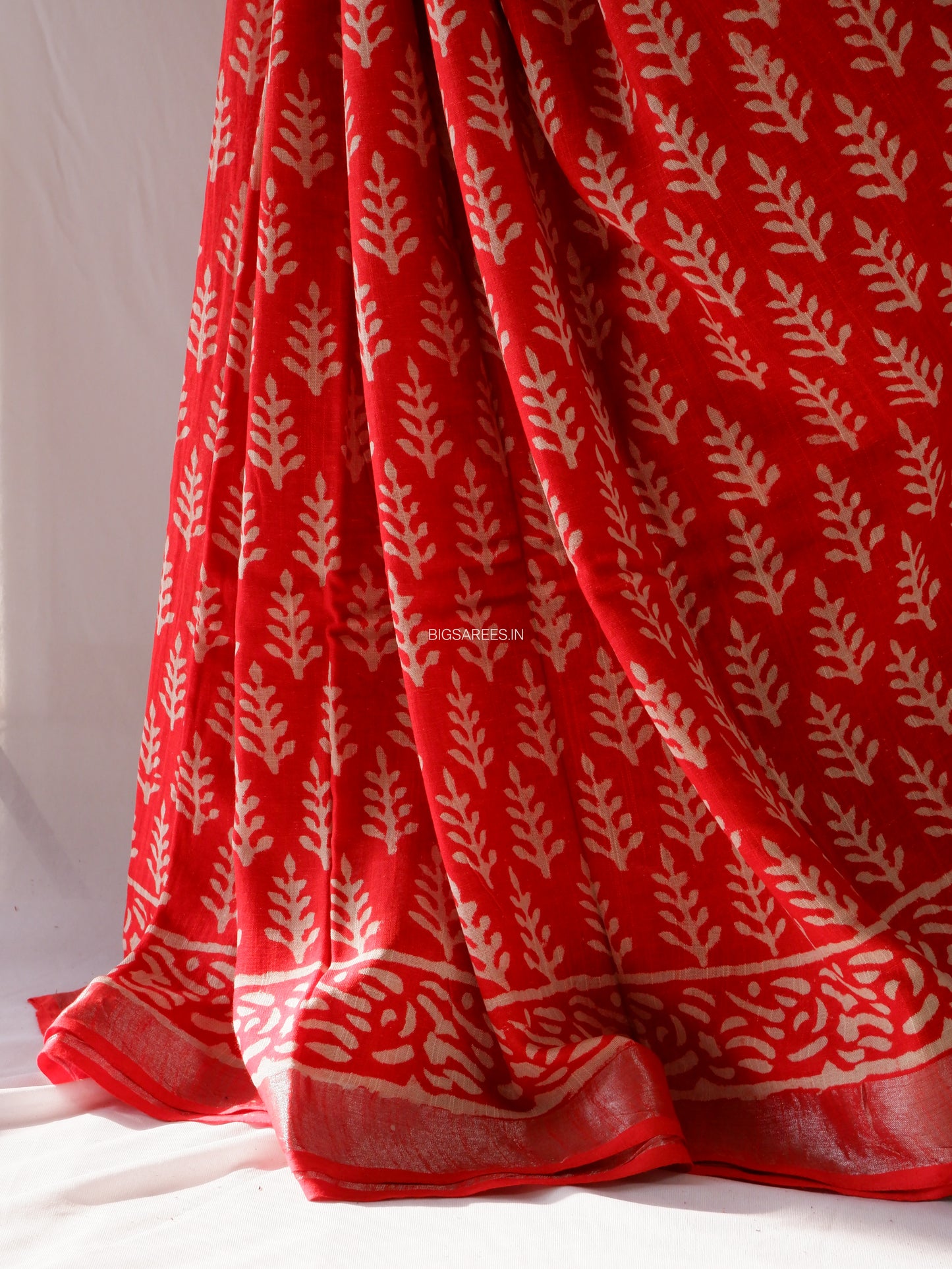 Hand Block Print Saree | Cotton Linen | Red-Orange