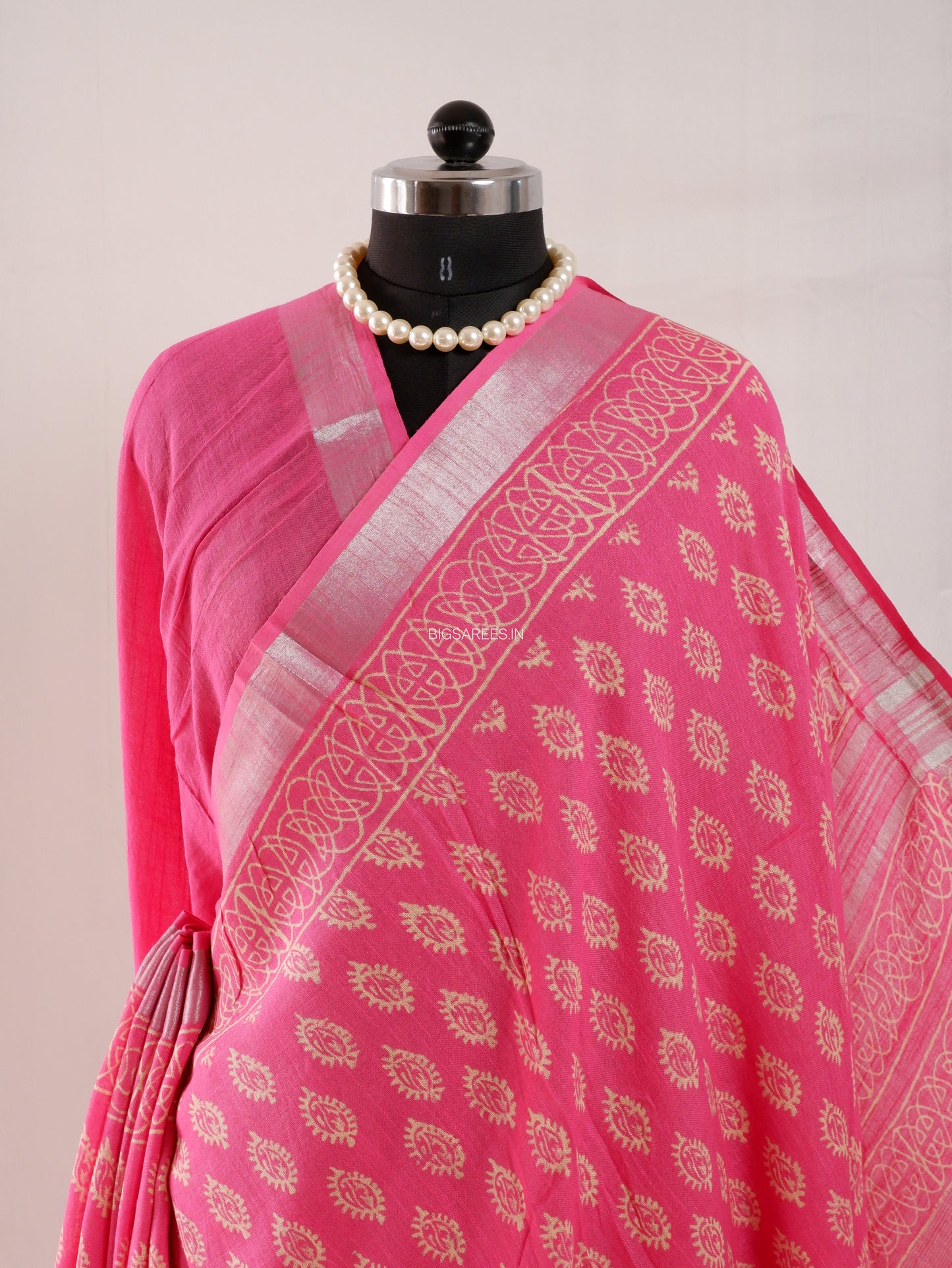 Hand Block Print Saree | Cotton Linen | Bright Pink