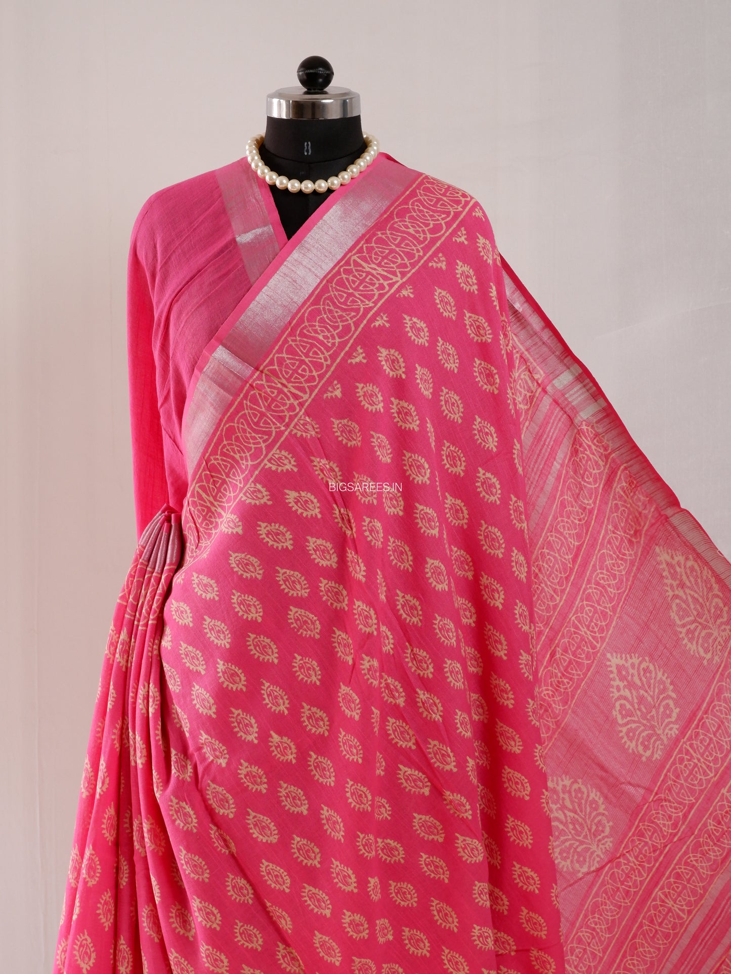 Hand Block Print Saree | Cotton Linen | Bright Pink