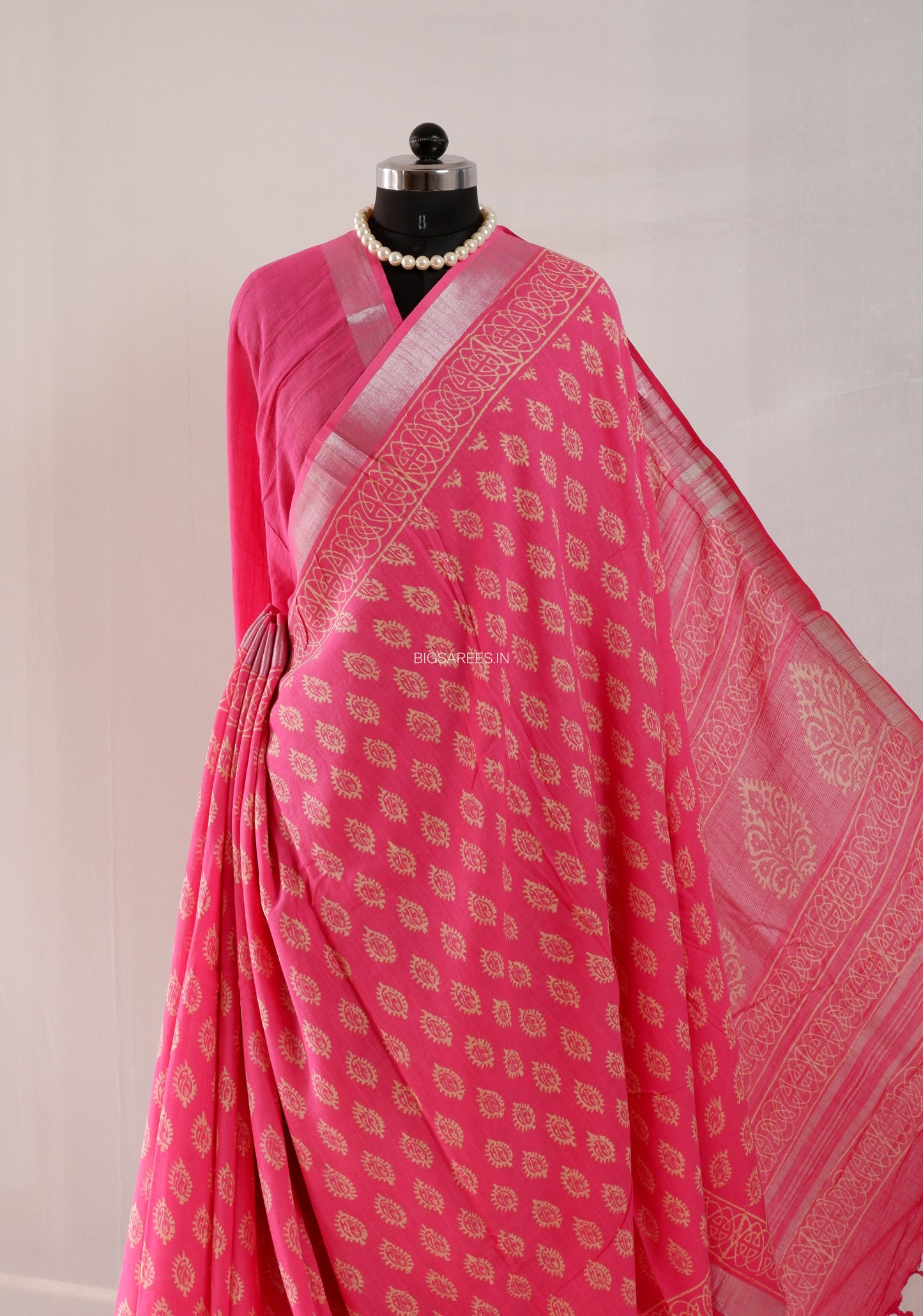 Hand Block Print Saree | Cotton Linen | Bright Pink