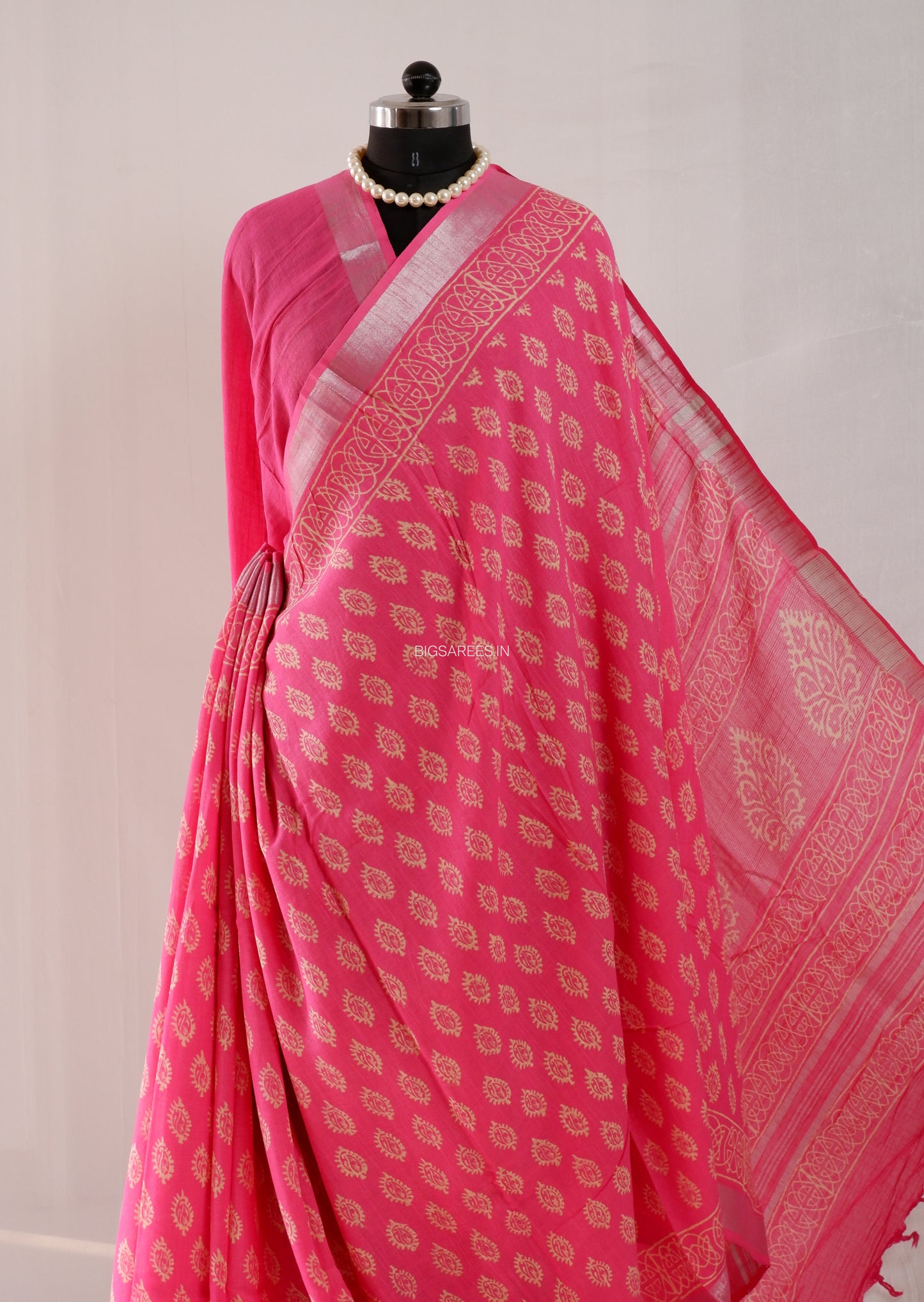 Hand Block Print Saree | Cotton Linen | Bright Pink