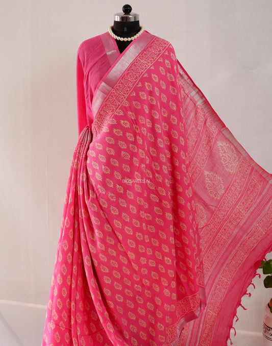 Hand Block Print Saree | Cotton Linen | Bright Pink