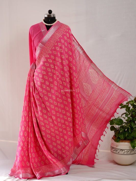 Hand Block Print Saree | Cotton Linen | Bright Pink