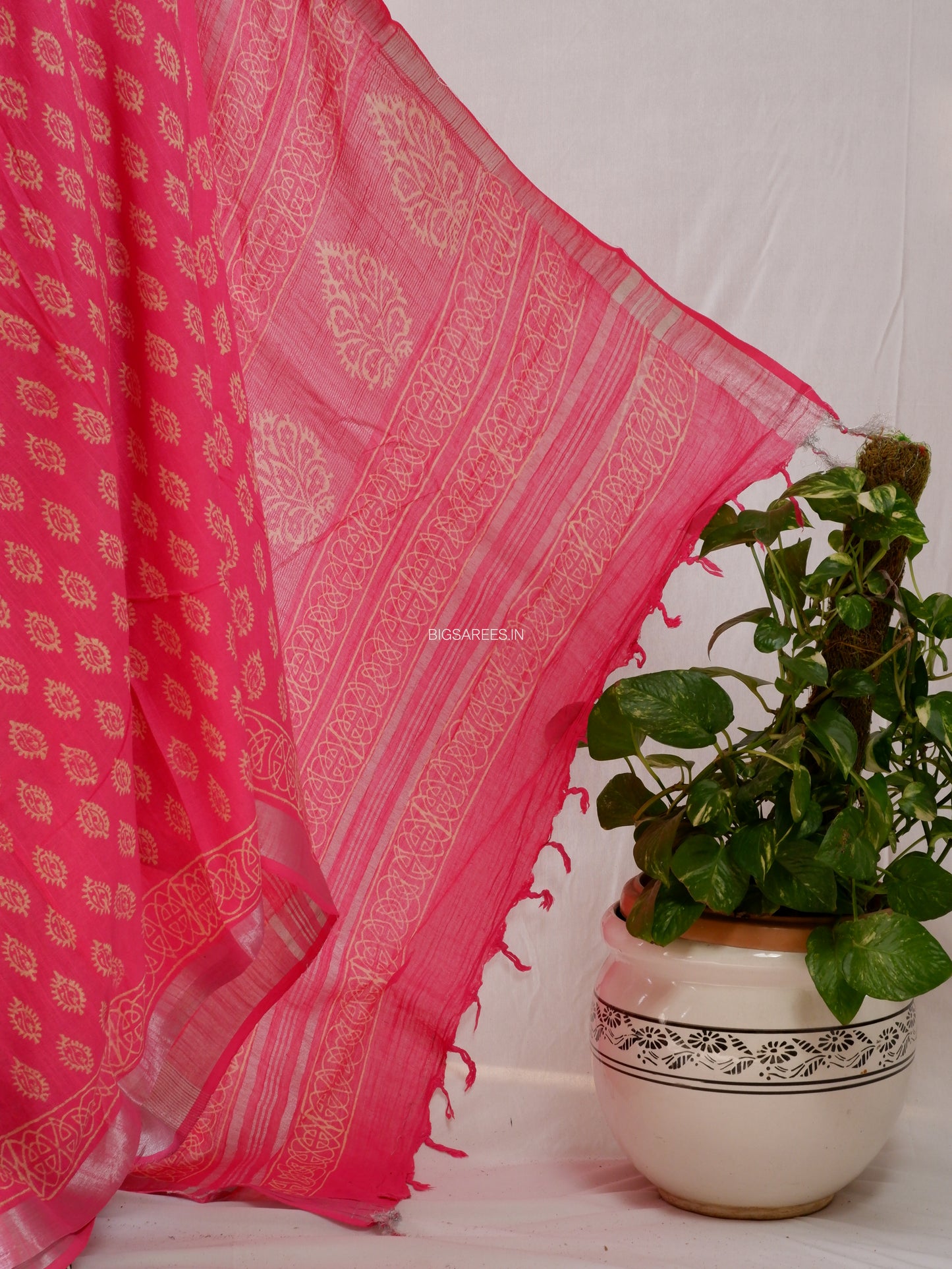 Hand Block Print Saree | Cotton Linen | Bright Pink