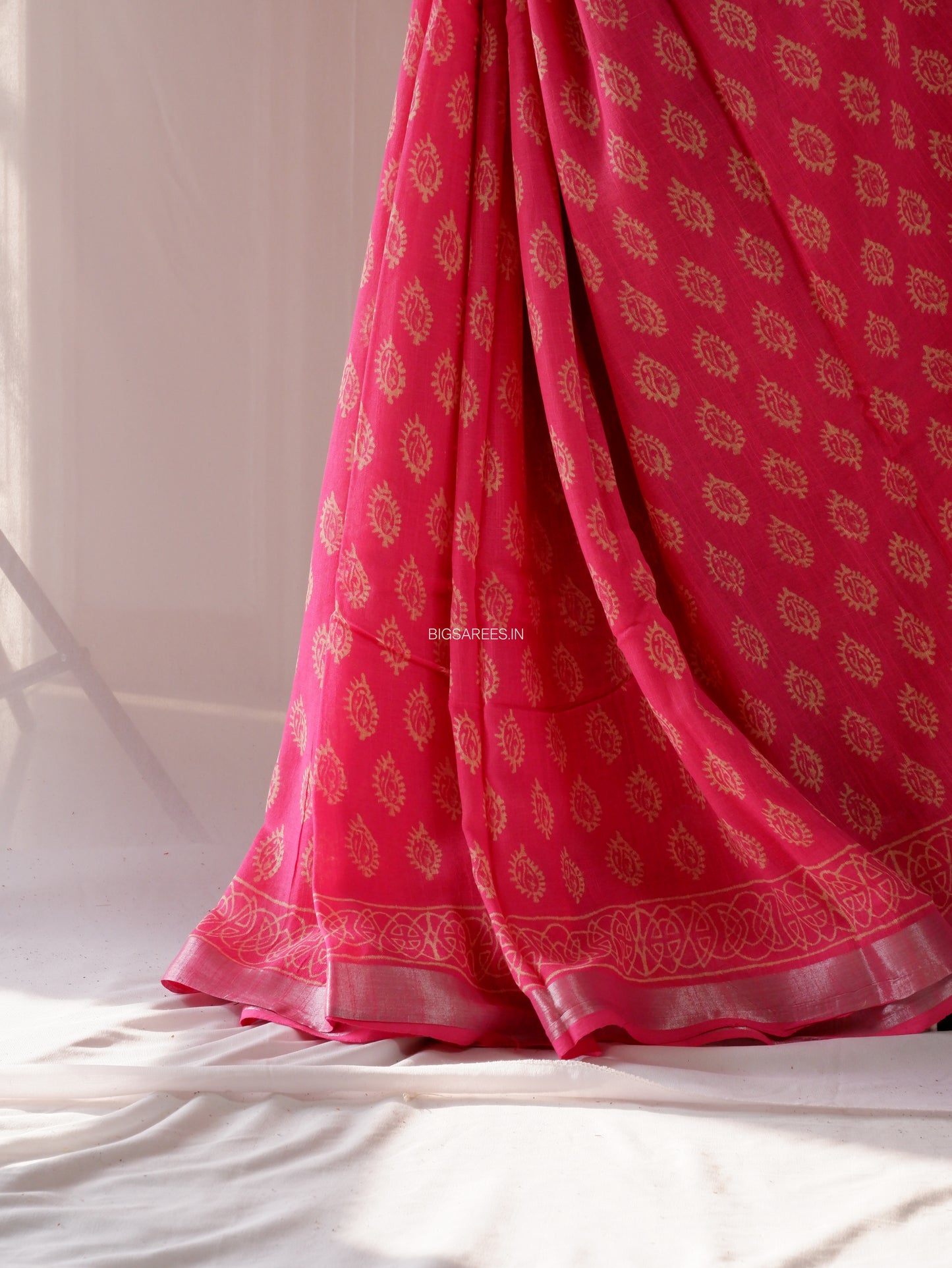 Hand Block Print Saree | Cotton Linen | Bright Pink