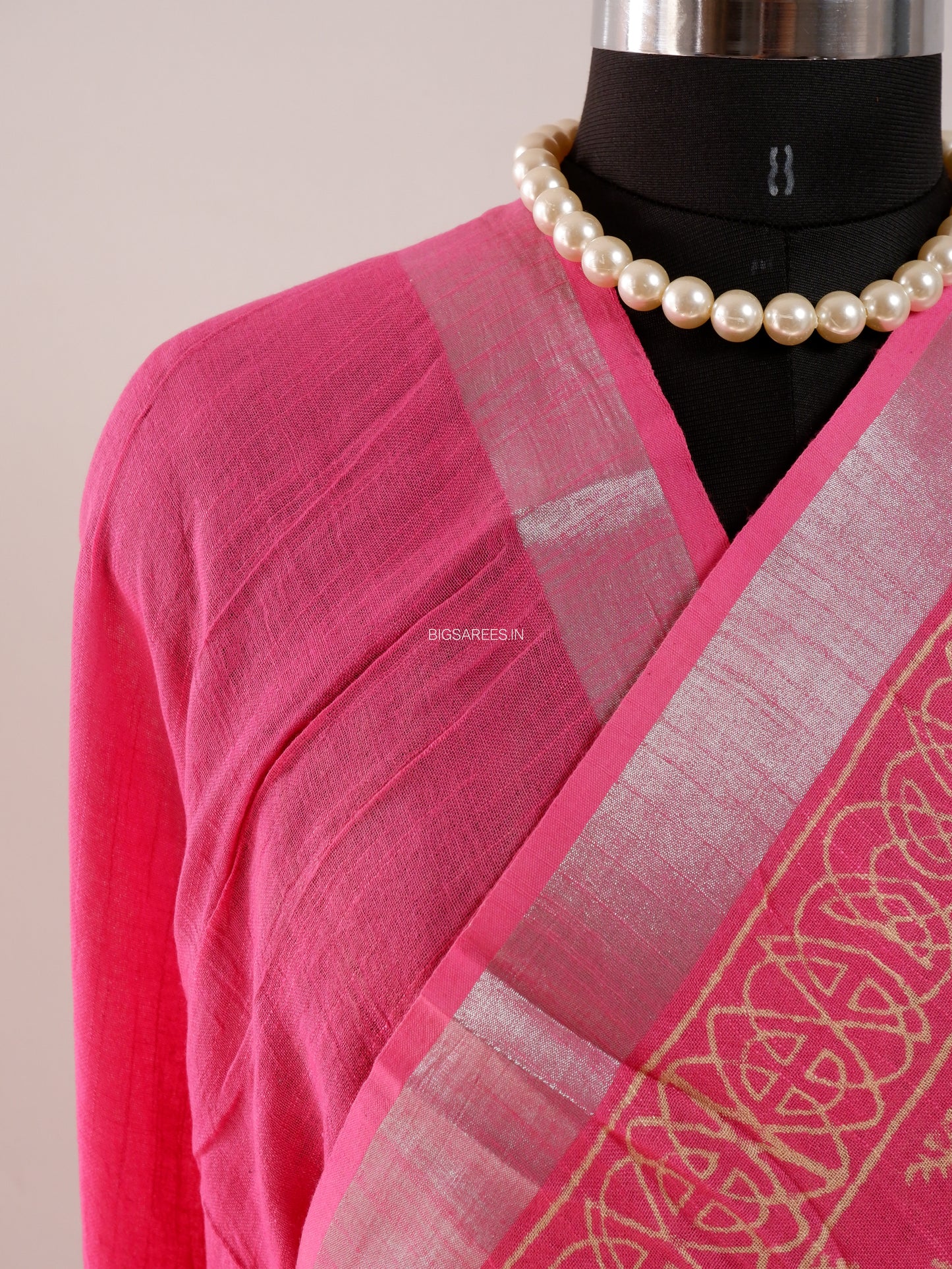 Hand Block Print Saree | Cotton Linen | Bright Pink