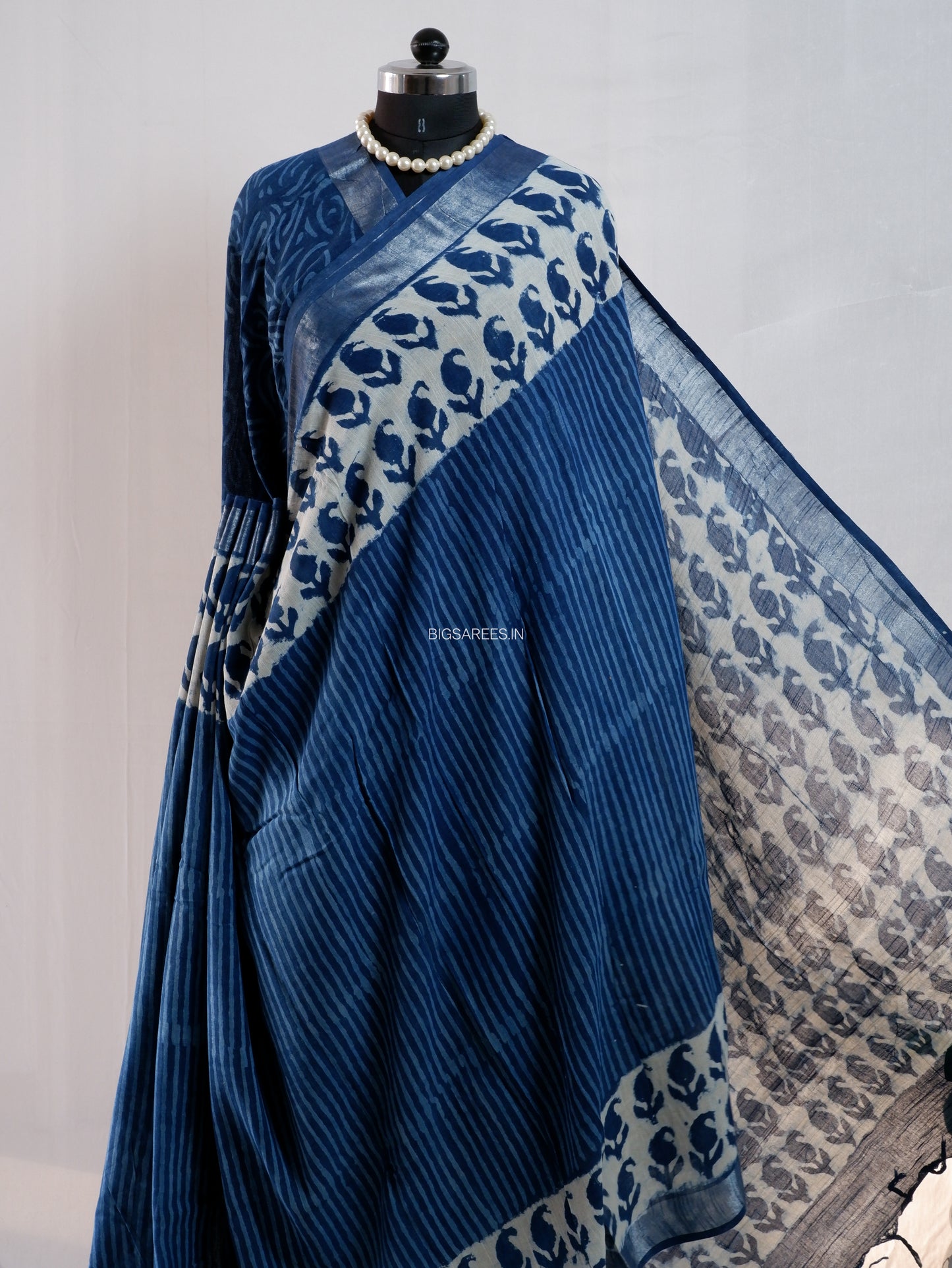 Hand Block Print Saree | Cotton Linen | Indigo Blue