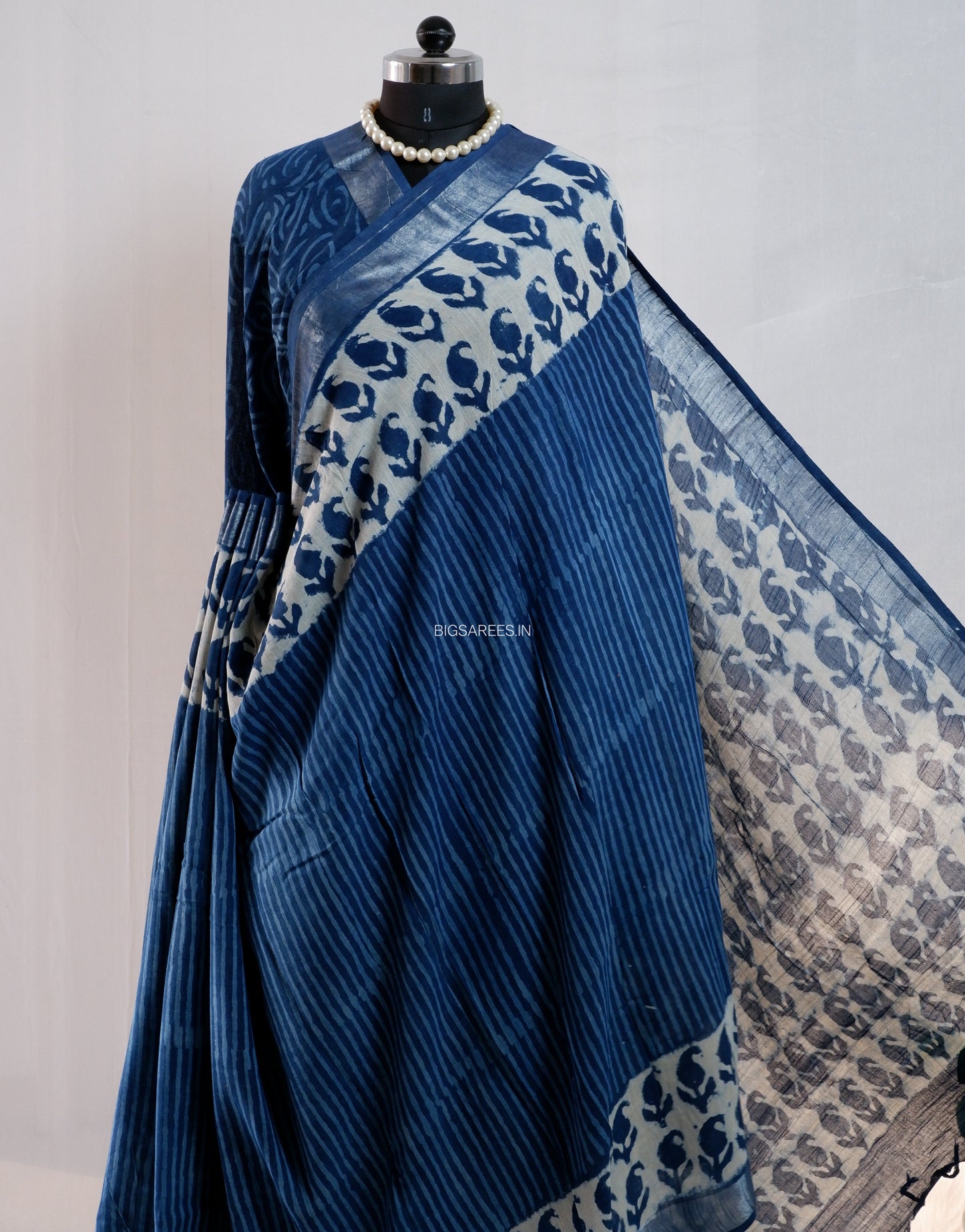 Hand Block Print Saree | Cotton Linen | Indigo Blue