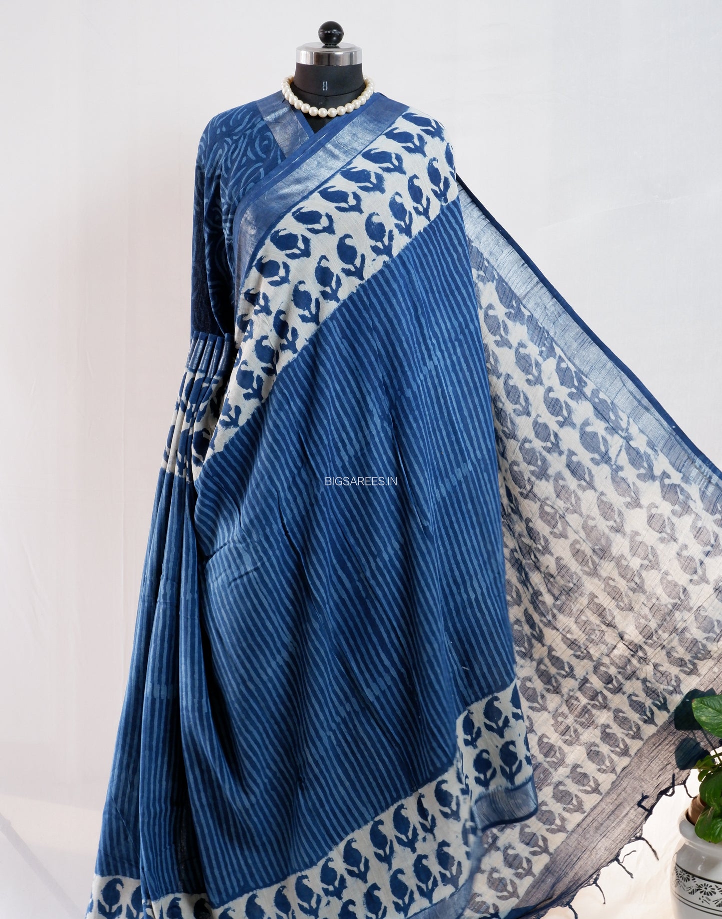 Hand Block Print Saree | Cotton Linen | Indigo Blue