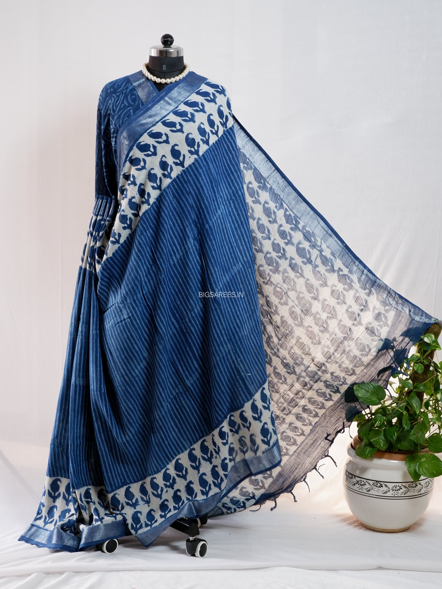 Hand Block Print Saree | Cotton Linen | Indigo Blue