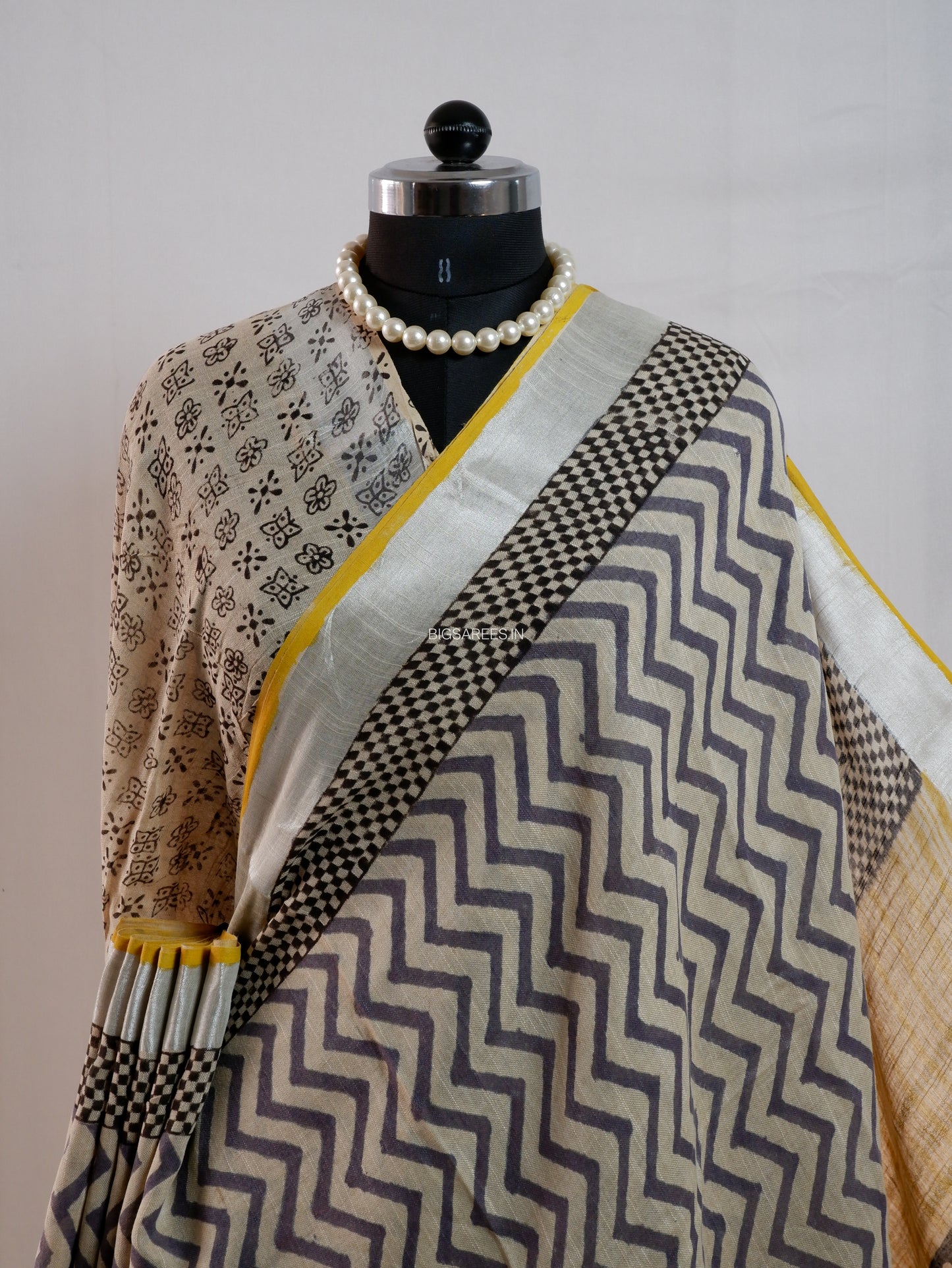 Hand Block Print Saree | Cotton Linen | Soft Beige