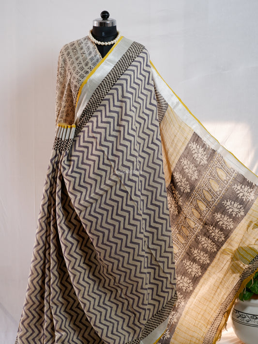 Hand Block Print Saree | Cotton Linen | Soft Beige