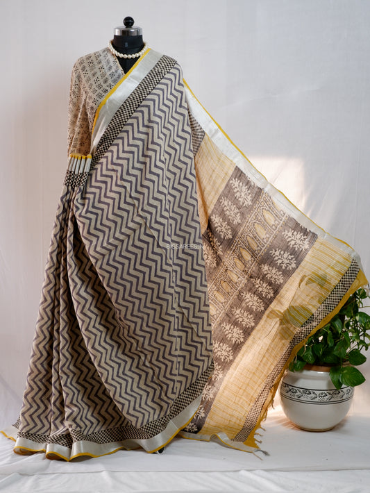 Hand Block Print Saree | Cotton Linen | Soft Beige