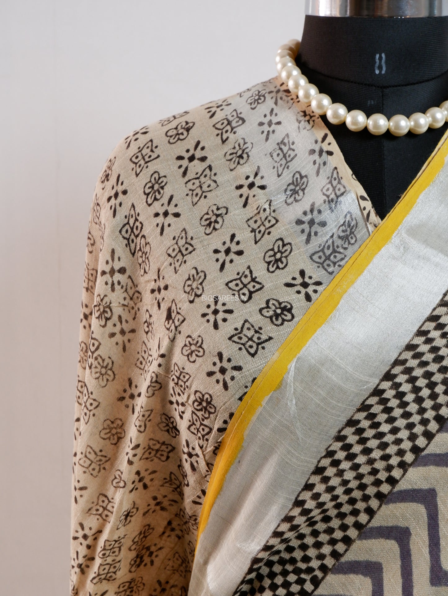 Hand Block Print Saree | Cotton Linen | Soft Beige
