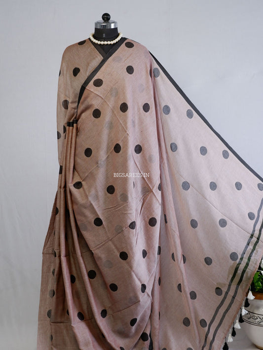 Polka Dot Saree With Blouse | Mul Cotton | Big Polka | Brown