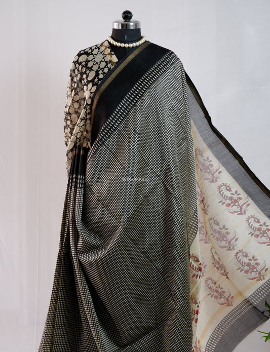 Hand Block Print Saree | Chanderi Silk | Black
