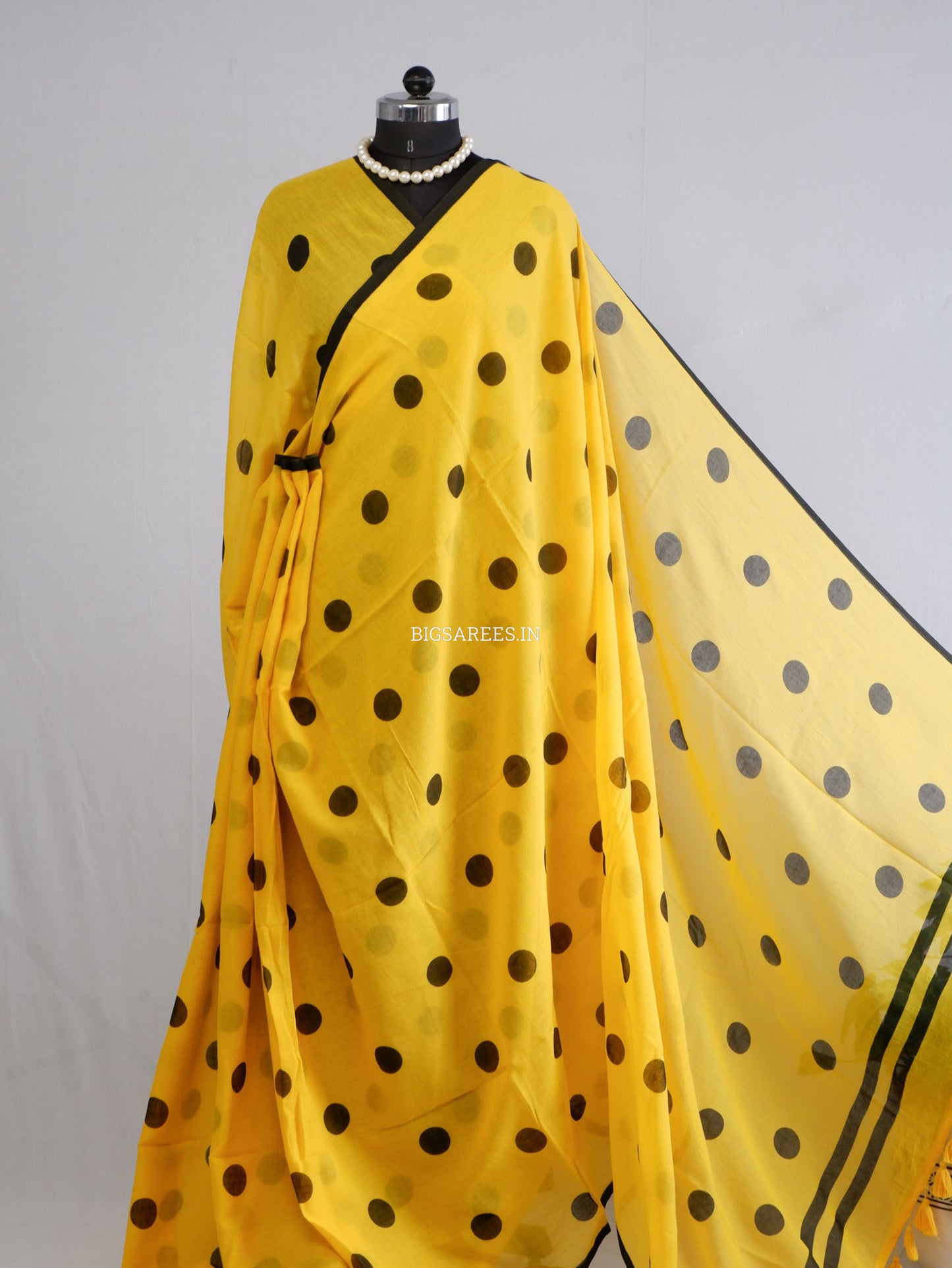 Polka Dot Saree With Blouse | Mul Cotton | Big Polka | Yellow