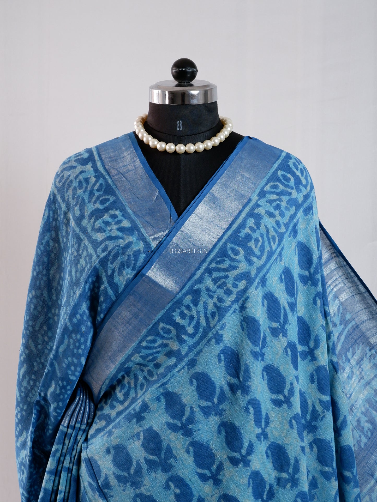 Hand Block Print Saree | Cotton Linen | Sky Blue