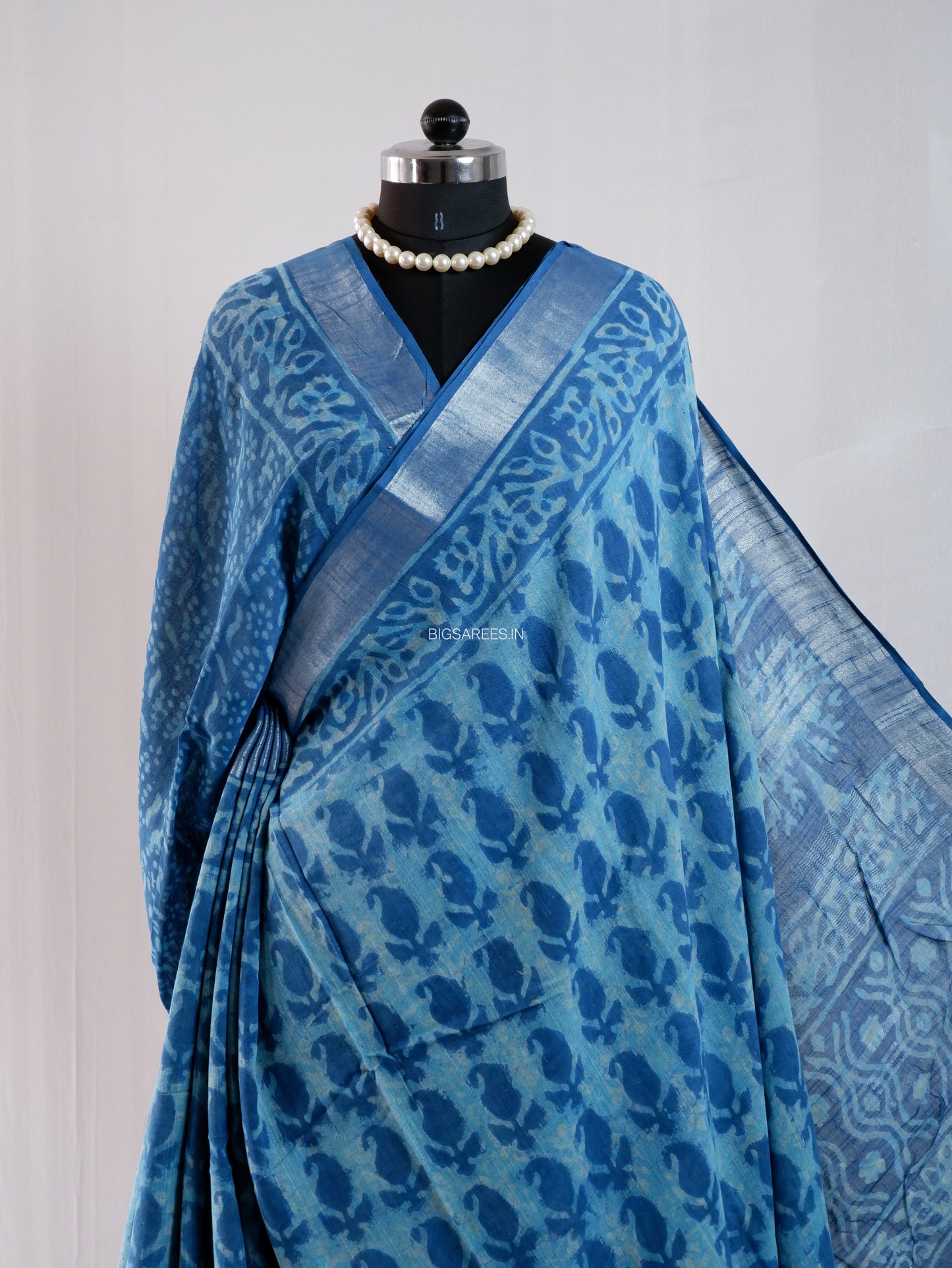 Hand Block Print Saree | Cotton Linen | Sky Blue
