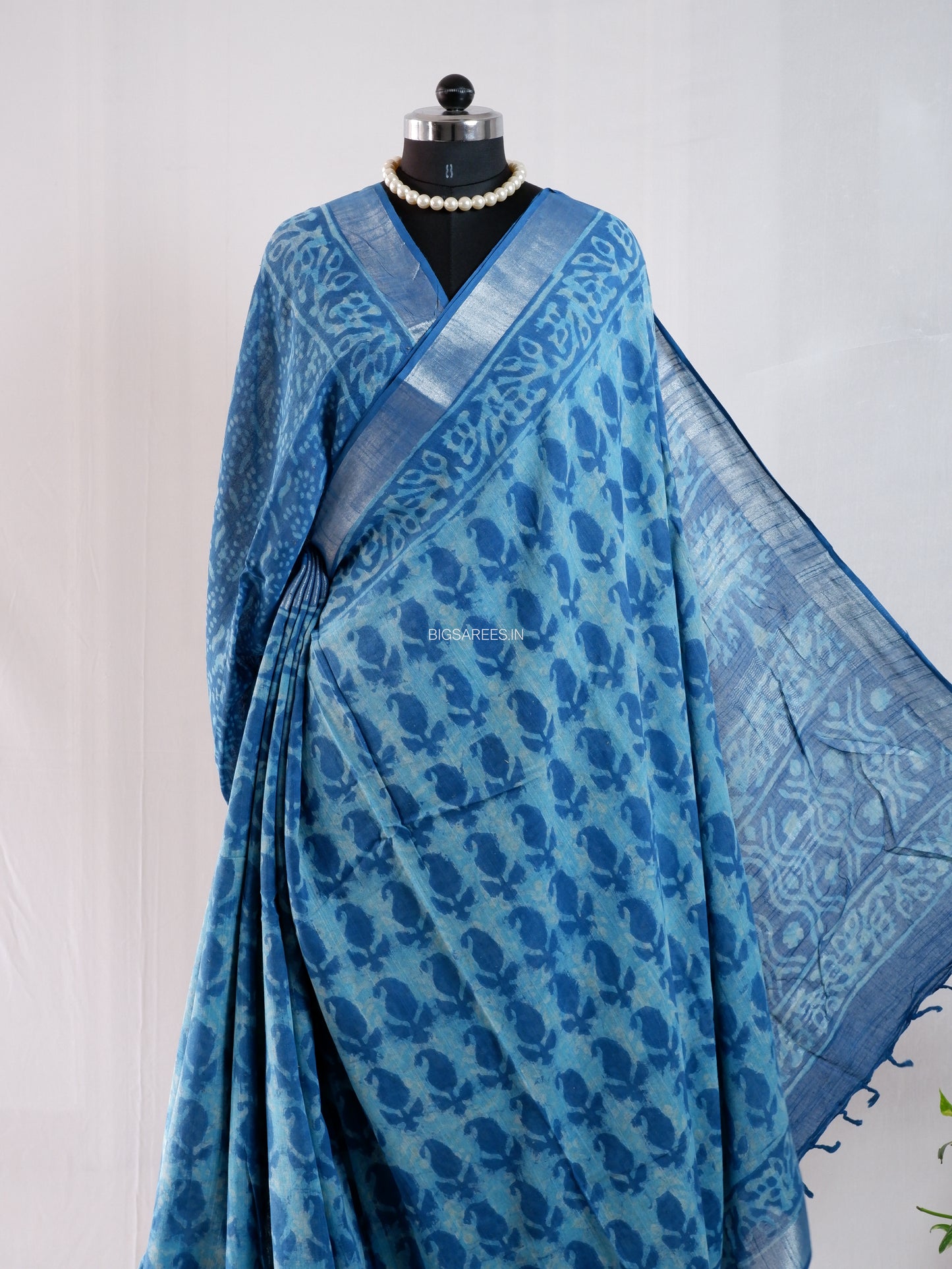 Hand Block Print Saree | Cotton Linen | Sky Blue
