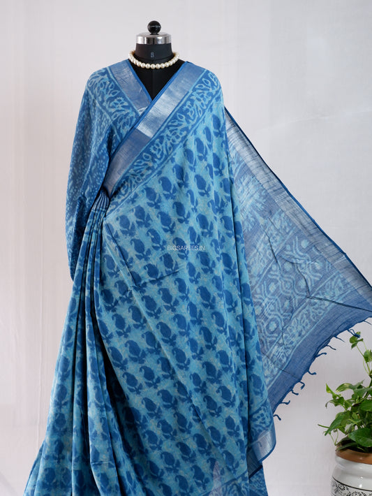 Hand Block Print Saree | Cotton Linen | Sky Blue