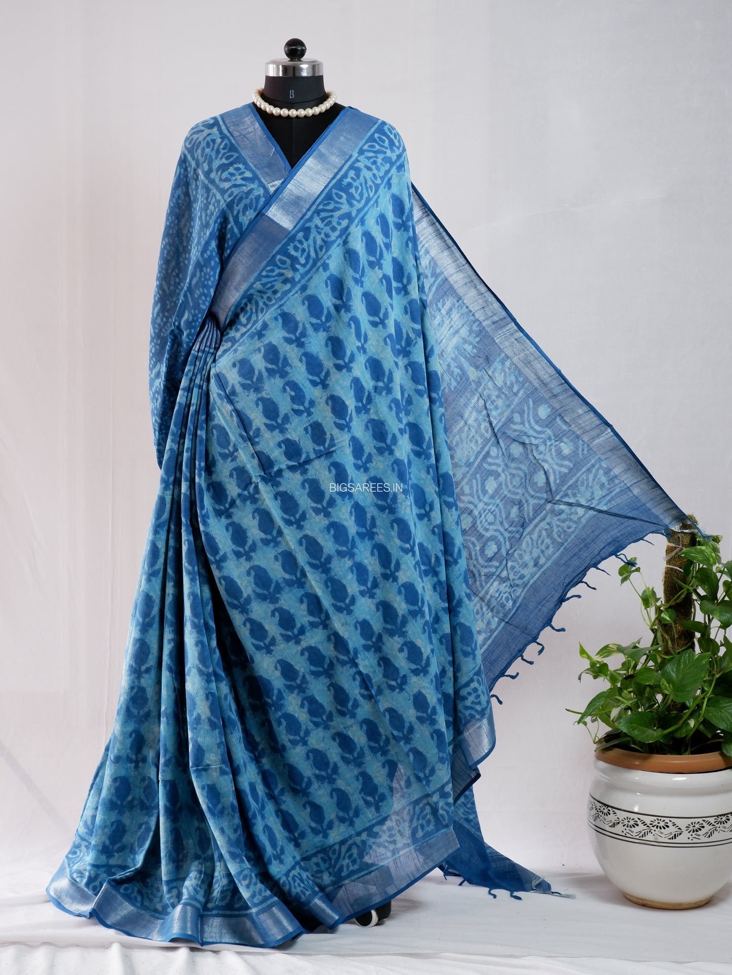 Hand Block Print Saree | Cotton Linen | Sky Blue