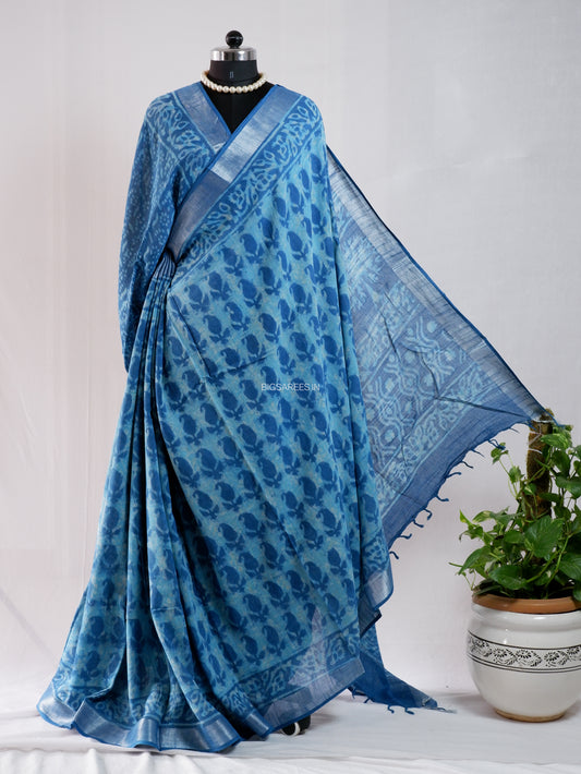 Hand Block Print Saree | Cotton Linen | Sky Blue