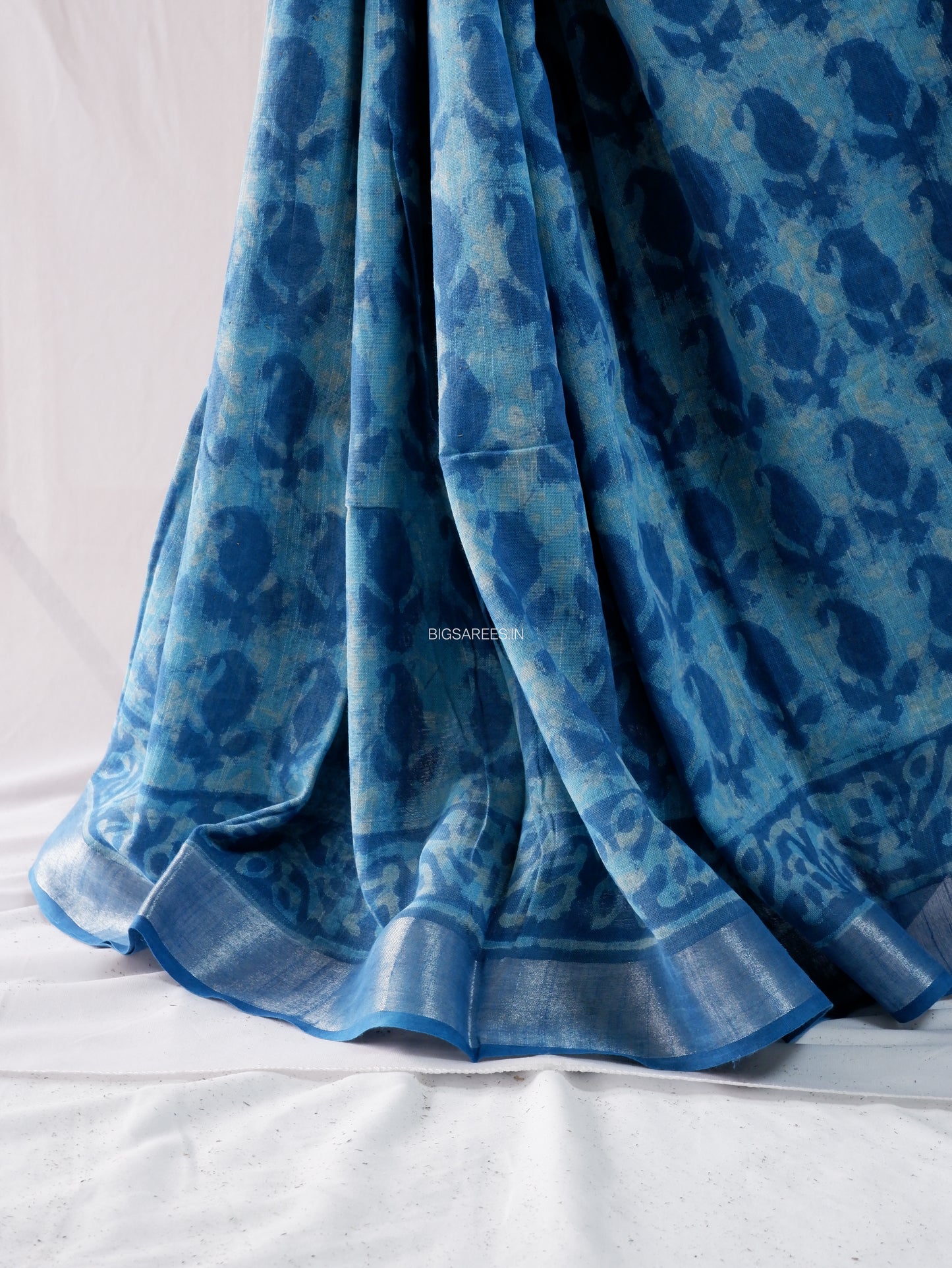 Hand Block Print Saree | Cotton Linen | Sky Blue