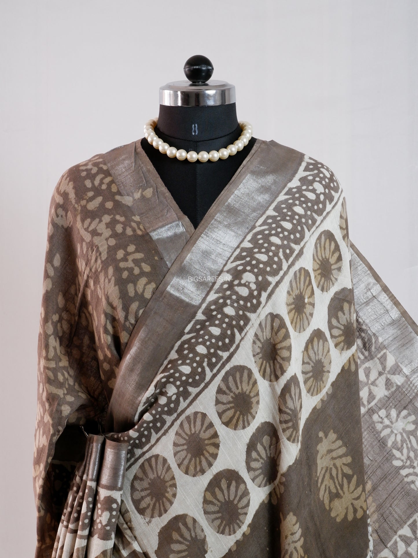 Hand Block Print Saree | Cotton Linen | Taupe