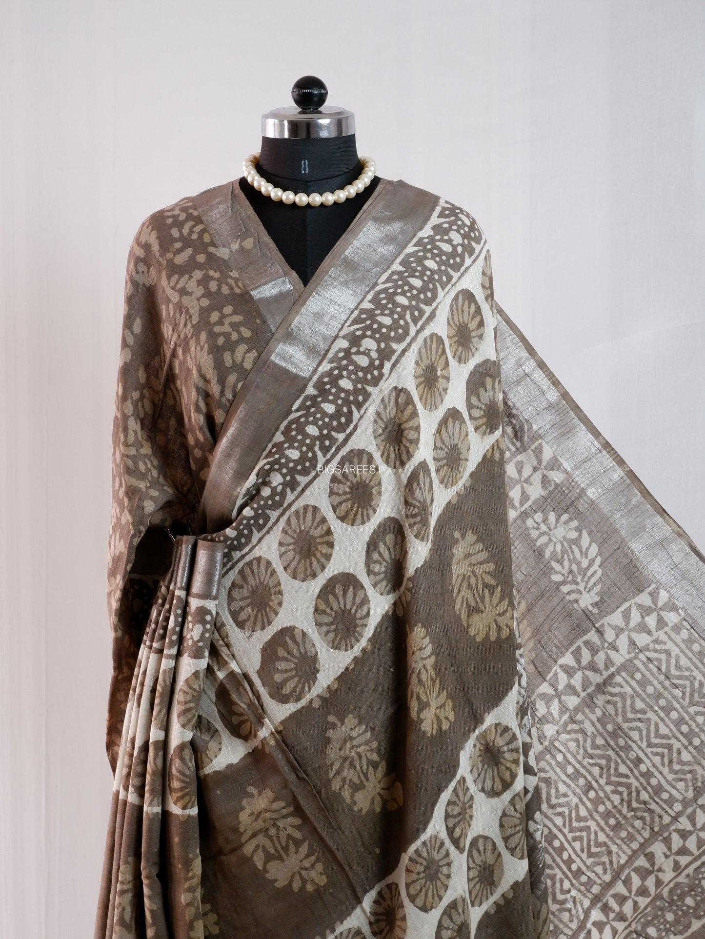 Hand Block Print Saree | Cotton Linen | Taupe