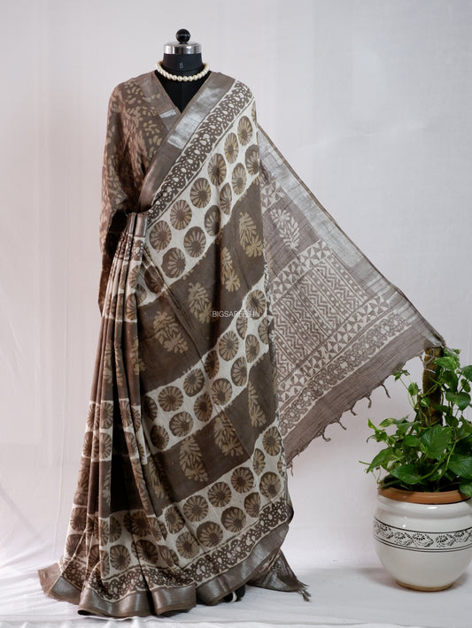 Hand Block Print Saree | Cotton Linen | Taupe