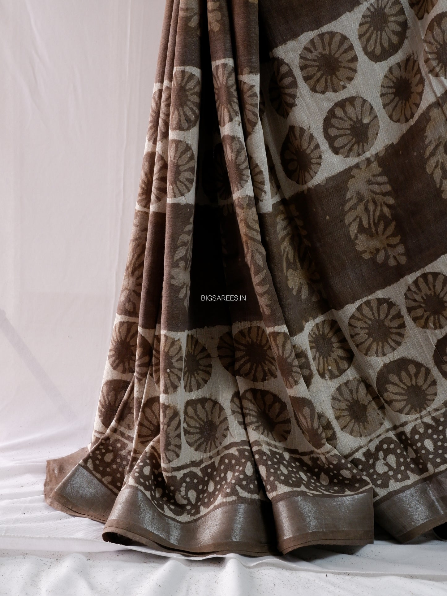 Hand Block Print Saree | Cotton Linen | Taupe