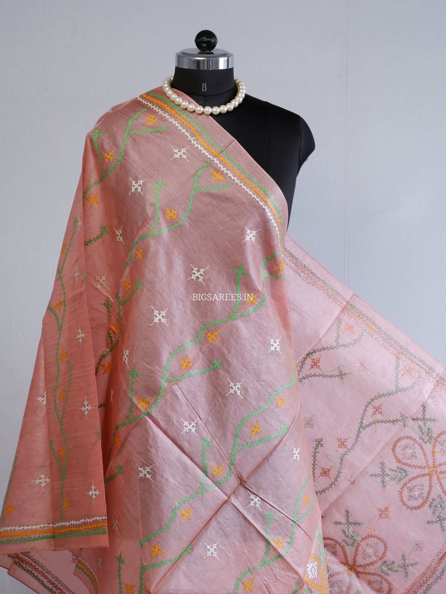 Kutchi Work Dupatta | Tussar Silk | Soft Pink