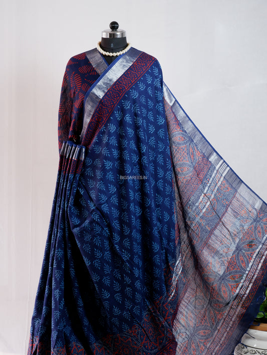 Hand Block Print Saree | Cotton Linen | Deep Indigo