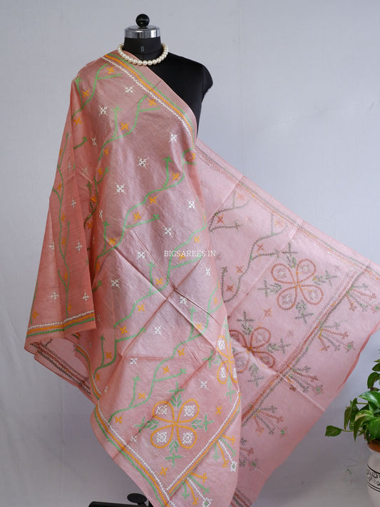 Kutchi Work Dupatta | Tussar Silk | Soft Pink