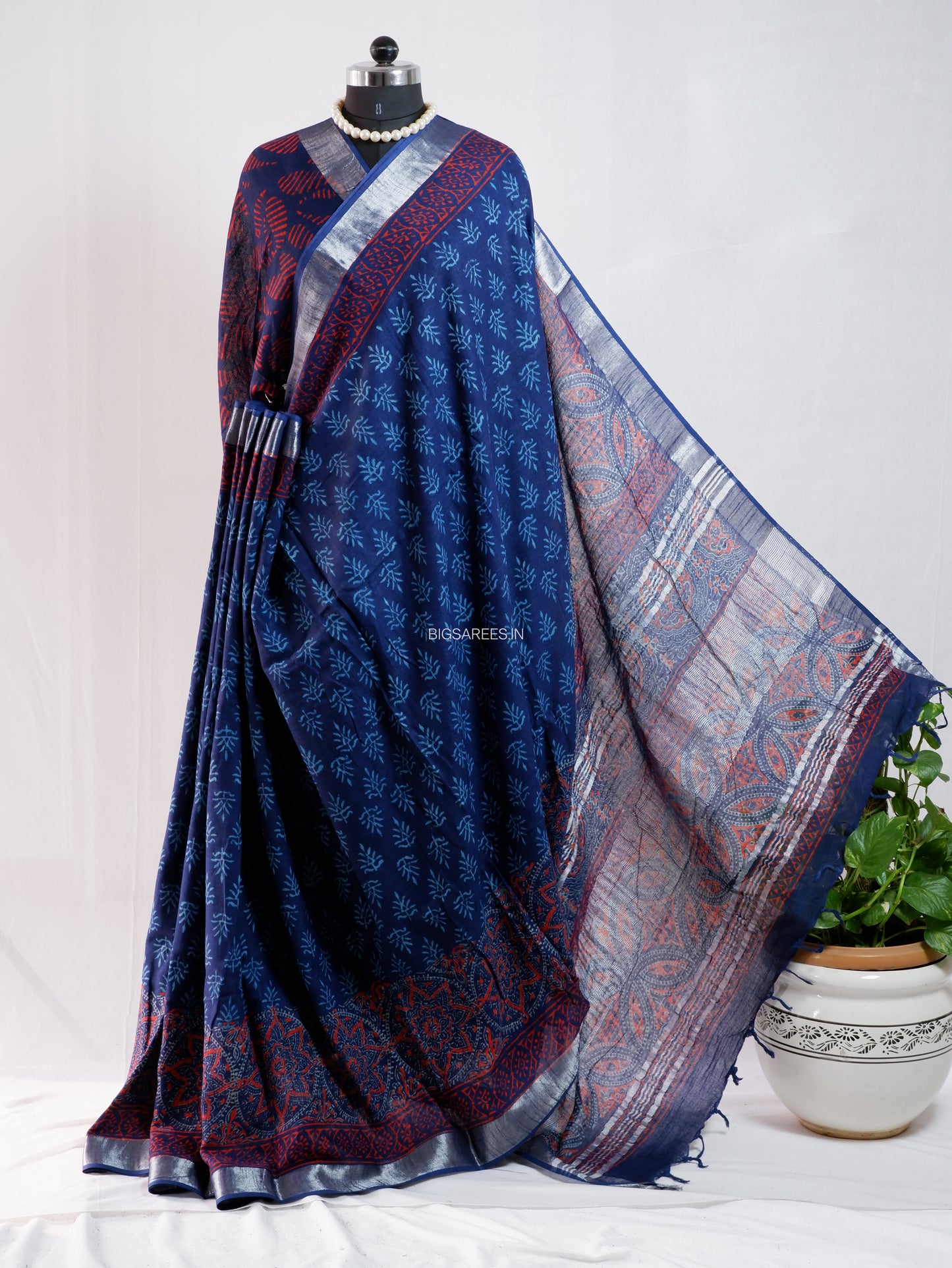 Hand Block Print Saree | Cotton Linen | Deep Indigo