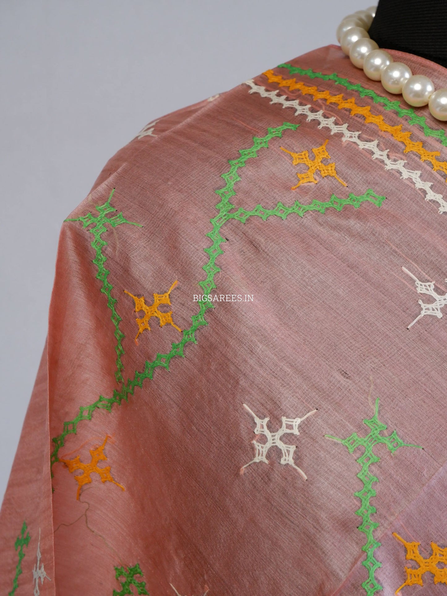 Kutchi Work Dupatta | Tussar Silk | Soft Pink