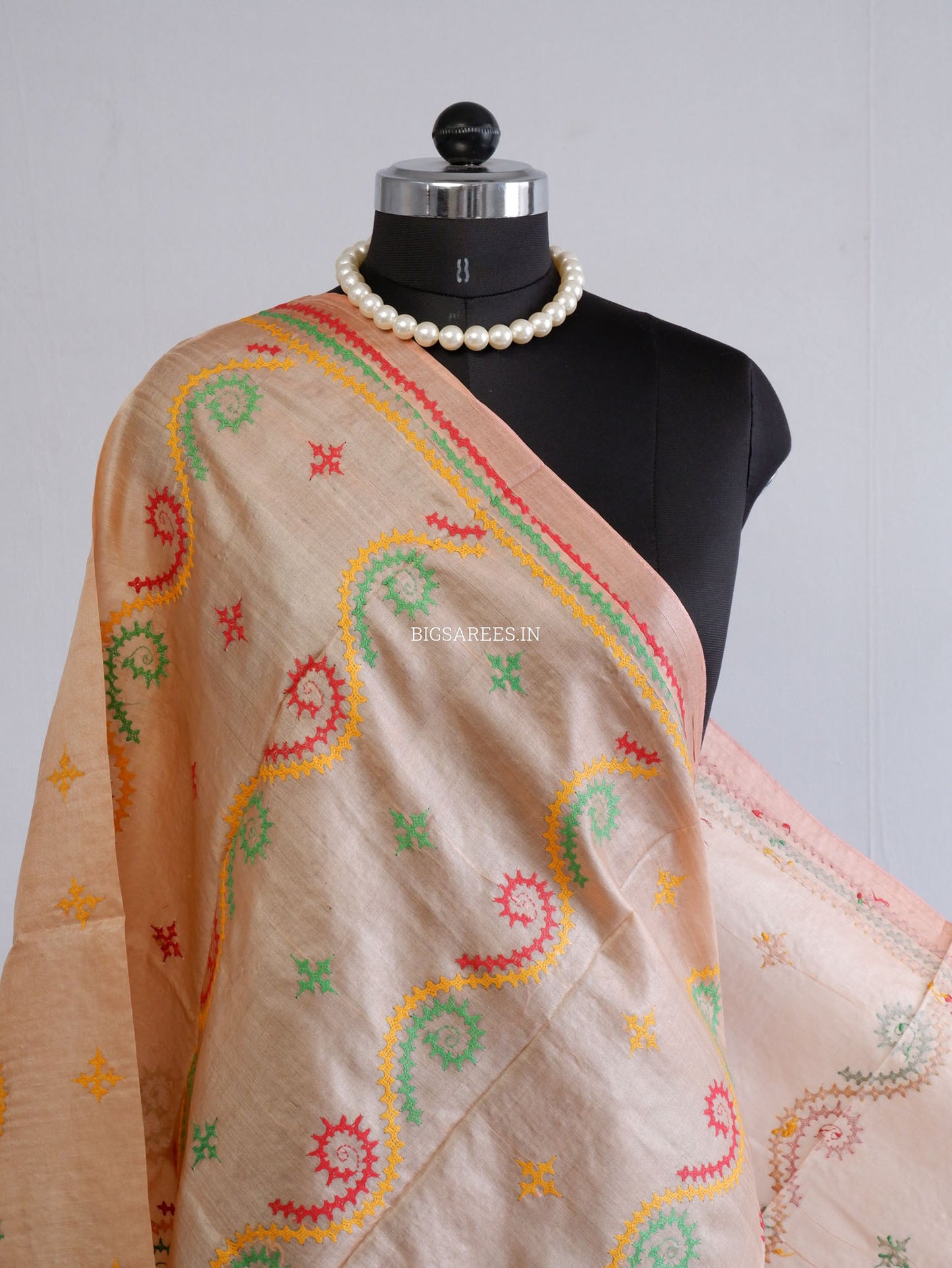 Kutchi Work Dupatta | Tussar Silk | Peach