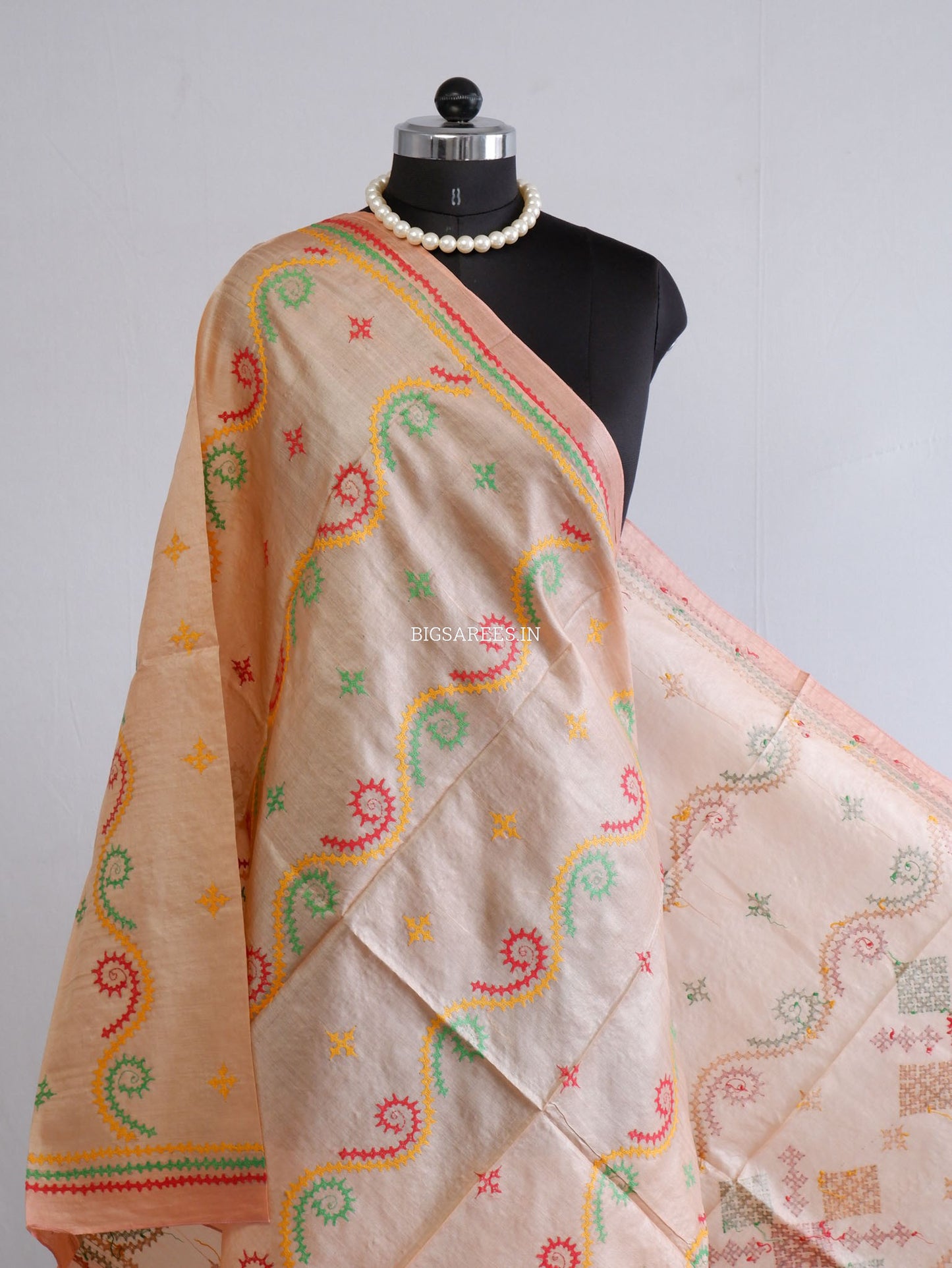 Kutchi Work Dupatta | Tussar Silk | Peach