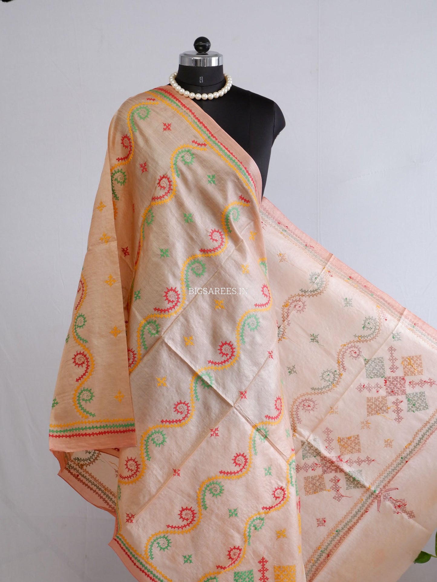 Kutchi Work Dupatta | Tussar Silk | Peach