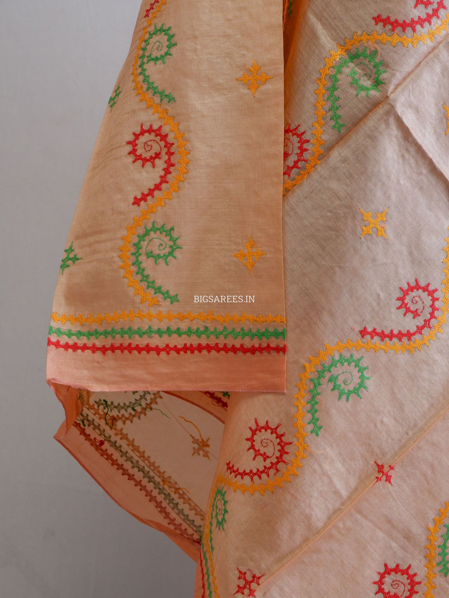 Kutchi Work Dupatta | Tussar Silk | Peach